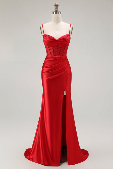 Vestido largo de fiesta plisado con corsé de tirantes finos de sirena roja con abertura